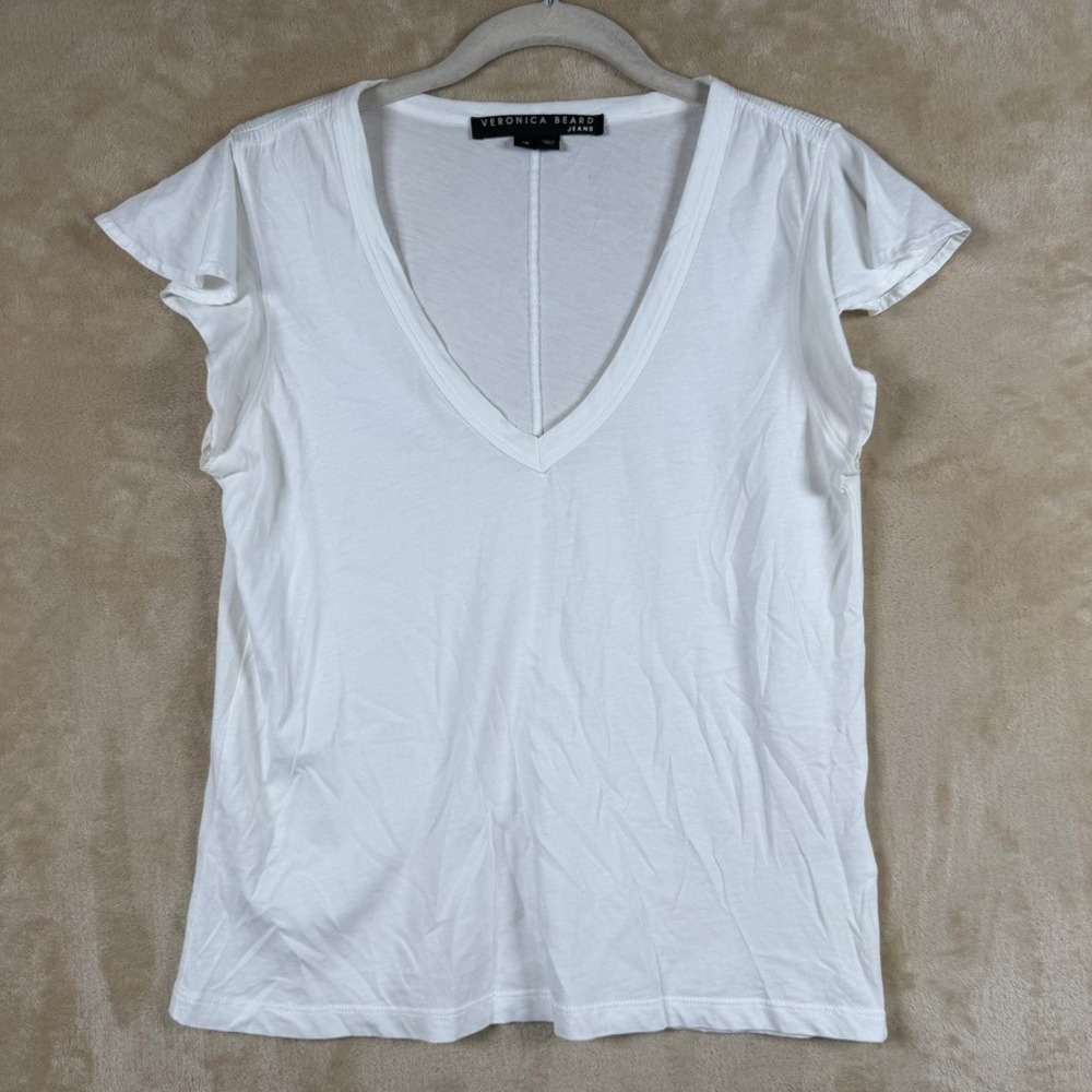 Veronica Beard Jeans White Pima Cotton V-Neck Flutter Sleeve Tee XS Soft‎ Girl